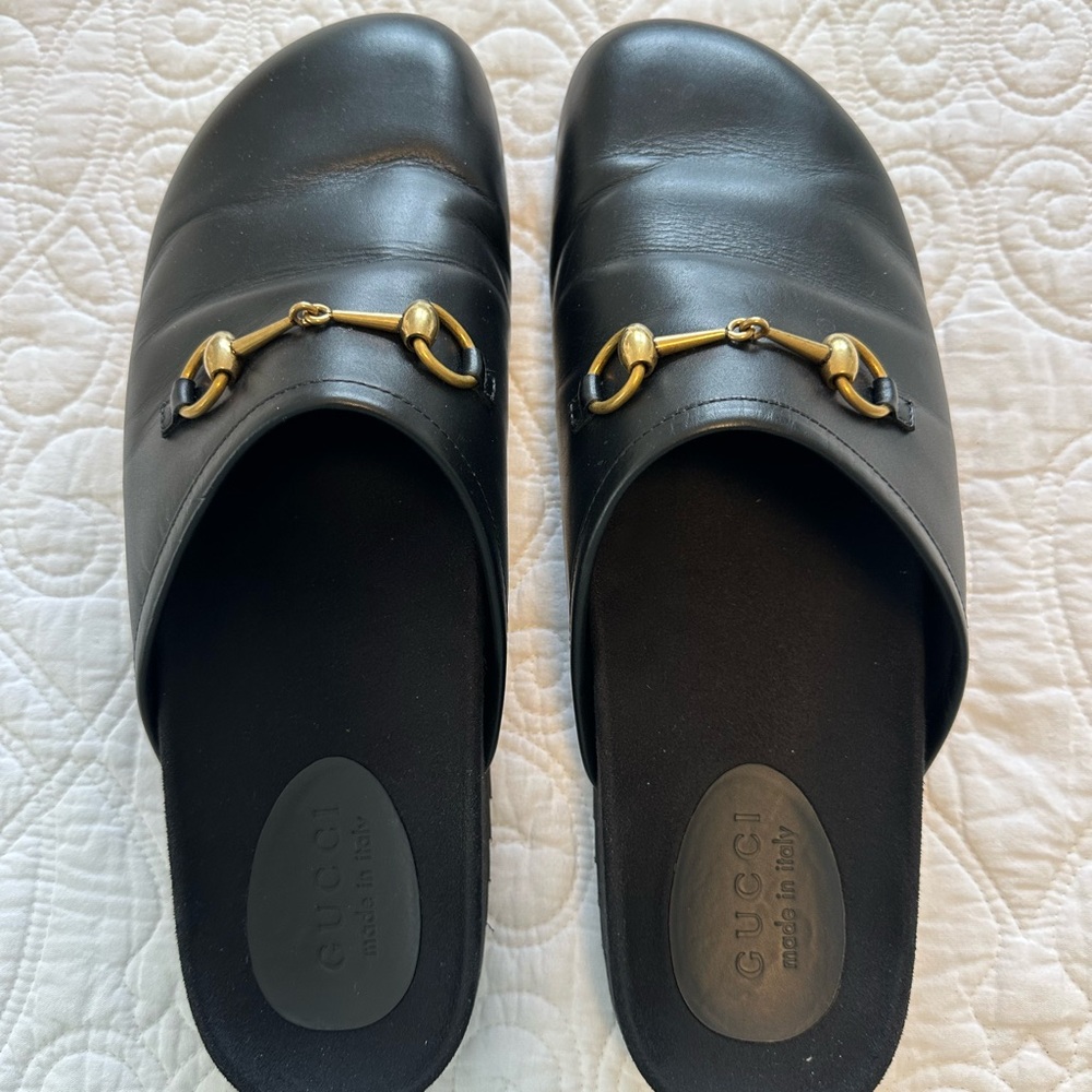 Gucci Black Leather Mules with Gold Accents